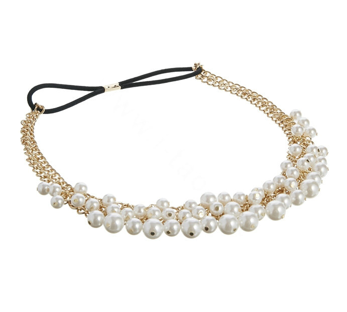 Exaggeration Fashion Woman Alloy Chain Multilayer Pearl Tassel Elastic Headband Hair Accessories