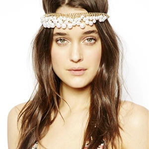Exaggeration Fashion Woman Alloy Chain Multilayer Pearl Tassel Elastic Headband Hair Accessories
