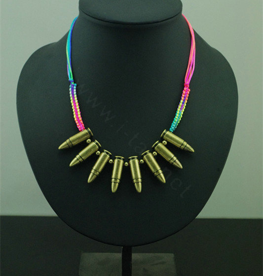 Exaggeration Women Gold Plated Retro Bullet Head Metal Color Weaving Rope Necklace Clavicle Chain