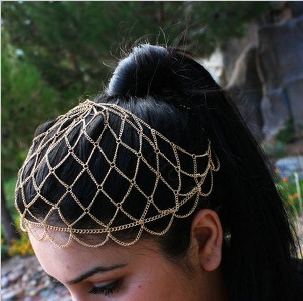 Fashion Exaggerated Woman Gold Plated Alloy Mesh Wave Tassel Hair Headband Accessories