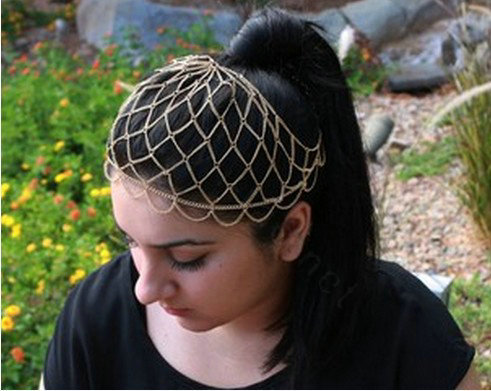 Fashion Exaggerated Woman Gold Plated Alloy Mesh Wave Tassel Hair Headband Accessories
