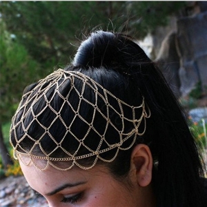 Fashion Exaggerated Woman Gold Plated Alloy Mesh Wave Tassel Hair Headband Accessories