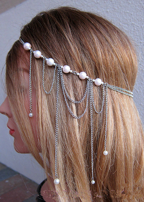 Fashion Personality Woman Bohemia Silver Alloy Pearl Tassel Chain Headband Hair Accessories
