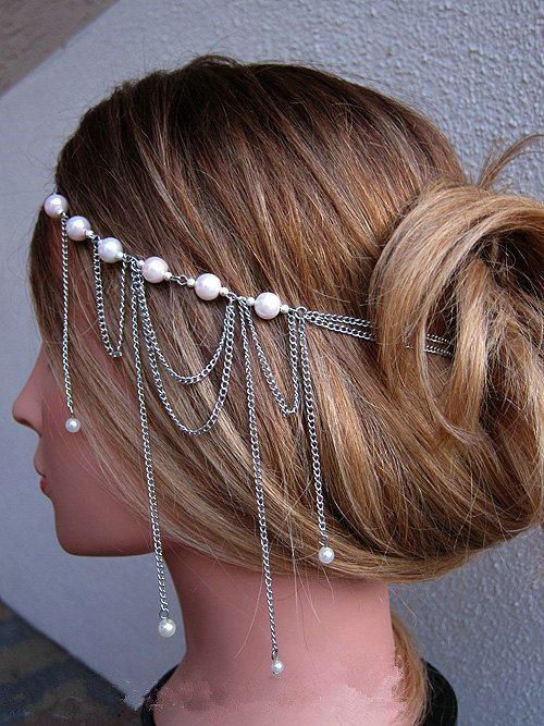 Fashion Personality Woman Bohemia Silver Alloy Pearl Tassel Chain Headband Hair Accessories