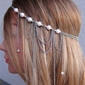 Fashion Personality Woman Bohemia Silver Alloy Pearl Tassel Chain Headband Hair Accessories