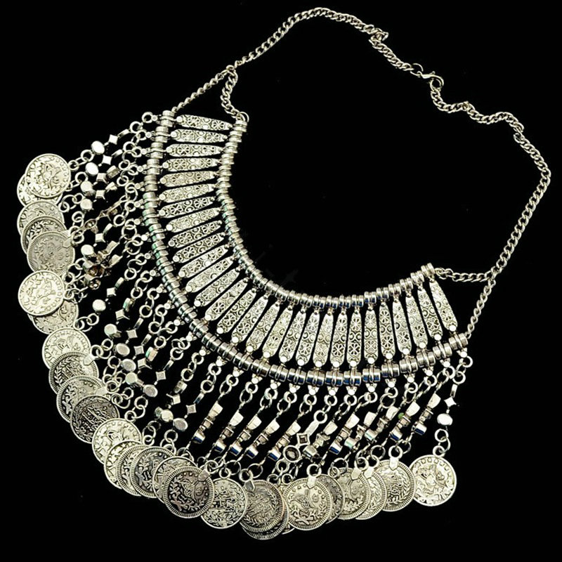 Fashion Retro Exaggeration Women Silver Gold-plated Metal Carved Tassel Coin Necklace Clavicle Chain