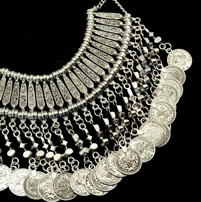 Fashion Retro Exaggeration Women Silver Gold-plated Metal Carved Tassel Coin Necklace Clavicle Chain