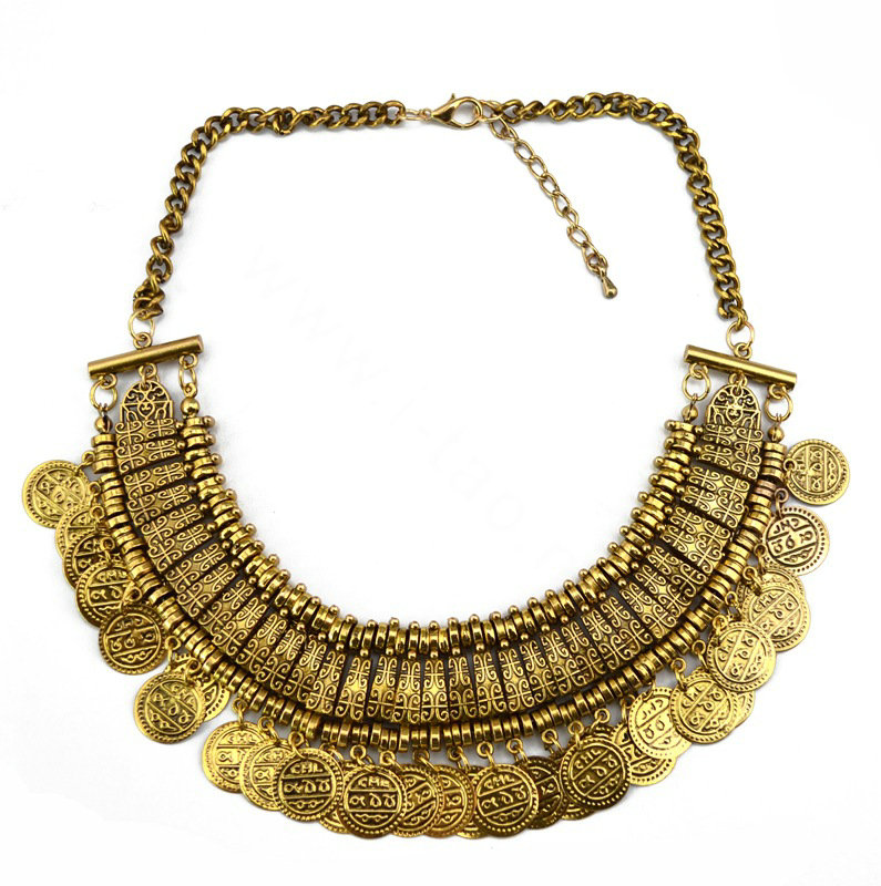Fashion Retro Short Women Bronze Gold-plated Carved Metal Coins Tassel Bib Necklace Clavicle Chain