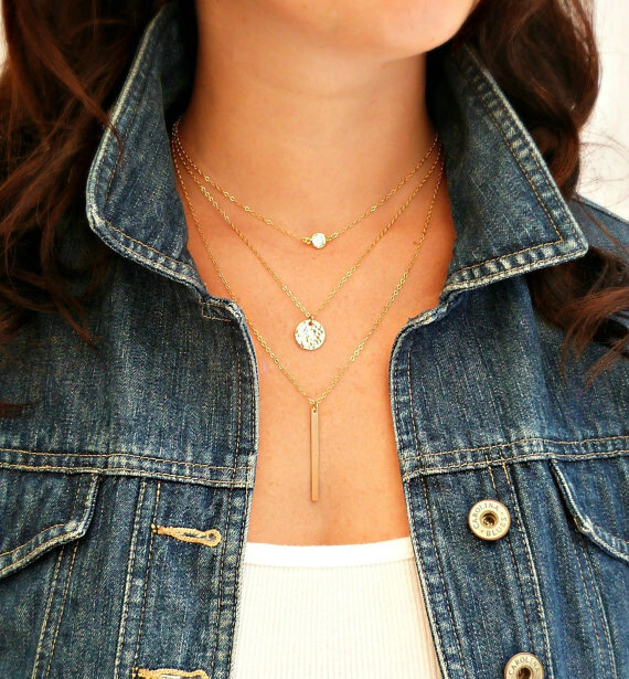 Fashion Retro Women Gold-plated Sequins Metal Bar Three layer Necklace Clavicle Chain