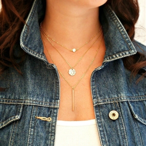 Fashion Retro Women Gold-plated Sequins Metal Bar Three layer Necklace Clavicle Chain