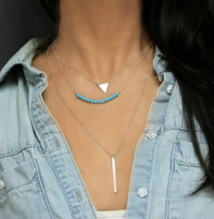 Fashion Retro Women Gold-plated Triangular Metal Bar Turquoise Three layer Necklace Clavicle Chain