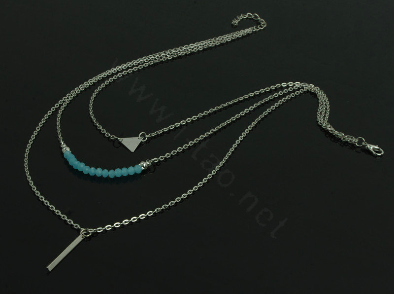 Fashion Retro Women Gold-plated Triangular Metal Bar Turquoise Three layer Necklace Clavicle Chain