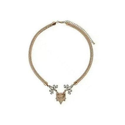 Fashion Retro Women Gold-plated White Diamond Metal Texture Fox head Short Necklace Clavicle Chain