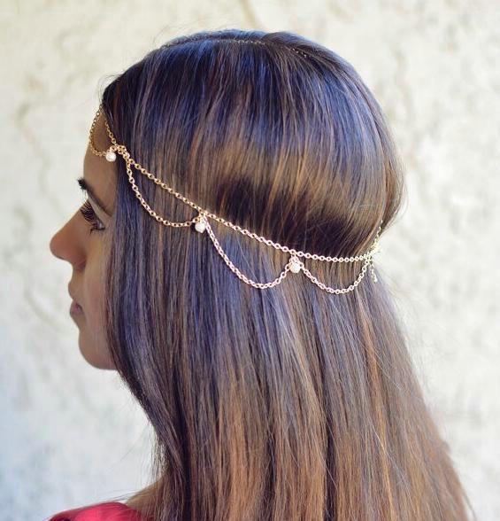Fashion Simple Woman Bohemia Golden Alloy Pearl Wave Tassel Chain Headband Hair Accessories