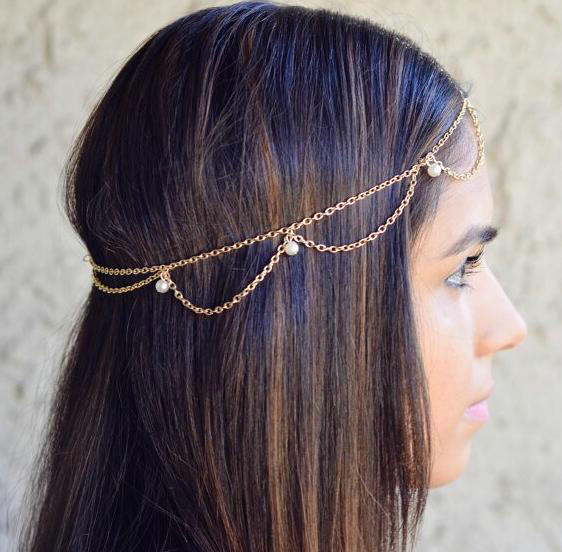 Fashion Simple Woman Bohemia Golden Alloy Pearl Wave Tassel Chain Headband Hair Accessories