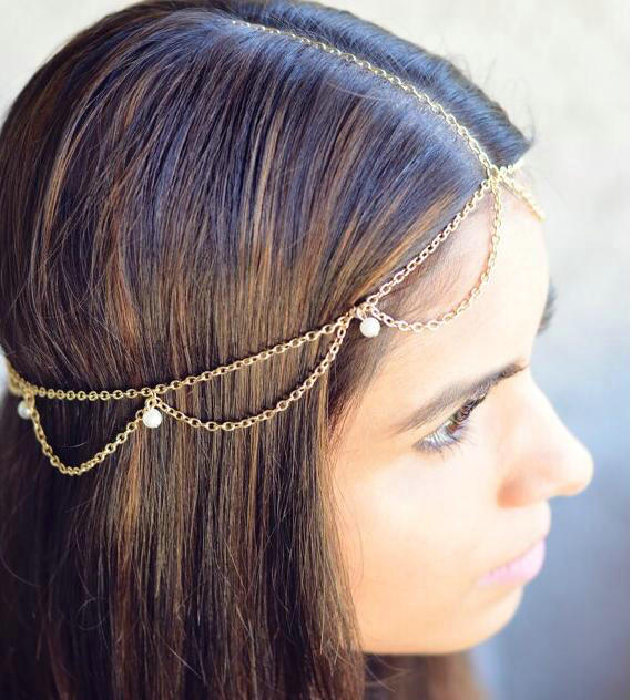 Fashion Simple Woman Bohemia Golden Alloy Pearl Wave Tassel Chain Headband Hair Accessories