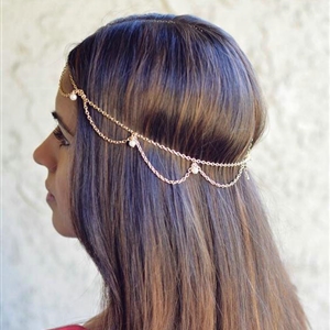 Fashion Simple Woman Bohemia Golden Alloy Pearl Wave Tassel Chain Headband Hair Accessories