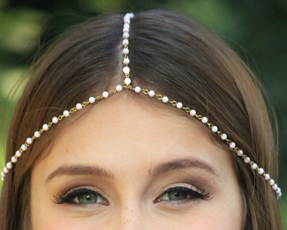 Fashion Simple Woman Gold Plated Alloy Bling Pearl Chain Headband Hair bands Accessories