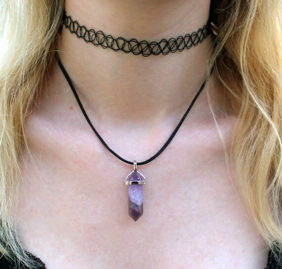 Fashion Simple Women Purple Glass Crystal Diamond Pendant Necklace Leather Rope Clavicle Chain Jewelry