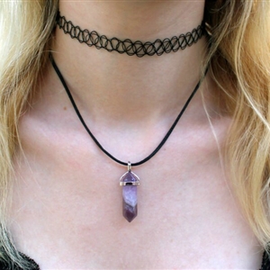 Fashion Simple Women Purple Glass Crystal Diamond Pendant Necklace Leather Rope Clavicle Chain Jewelry