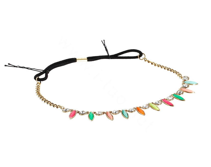 Fashion Woman Colored Gemstones Crystal Alloy Chain Gold Plated Elastic Headband Hair Accessories