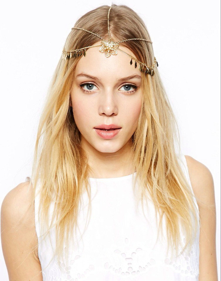 Fashion Woman Gems Crystal Hollow Flower Tassel Alloy Arrow Chain Gold Plated Headband Hair Accessories