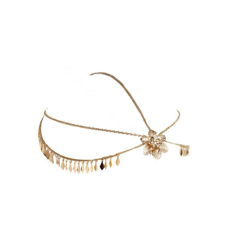Fashion Woman Gems Crystal Hollow Flower Tassel Alloy Arrow Chain Gold Plated Headband Hair Accessories