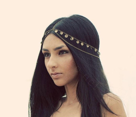 Fashion Woman Gold Plated Alloy Bling Sequins Tassel Two layer Chain Headband Hair Accessories