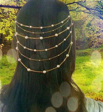 Fashion Woman Golden Alloy Pearl Copper Beads Multilayer Tassel Chain Headband Hair Comb Accessories