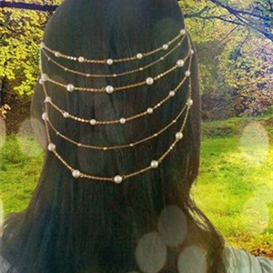 Fashion Woman Golden Alloy Pearl Copper Beads Multilayer Tassel Chain Headband Hair Comb Accessories