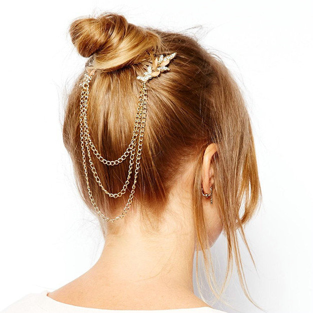 Fashion Woman Leaves Gemstones Crystal Alloy Tassel Chain Gold Plated Headband Hair Comb Accessories