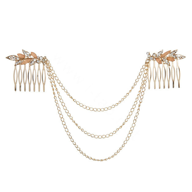Fashion Woman Leaves Gemstones Crystal Alloy Tassel Chain Gold Plated Headband Hair Comb Accessories