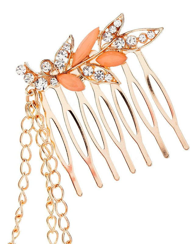 Fashion Woman Leaves Gemstones Crystal Alloy Tassel Chain Gold Plated Headband Hair Comb Accessories