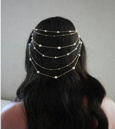 Fashion Woman Silver Alloy Pearl Copper Beads Multilayer Tassel Chain Headband Hair Comb Accessories