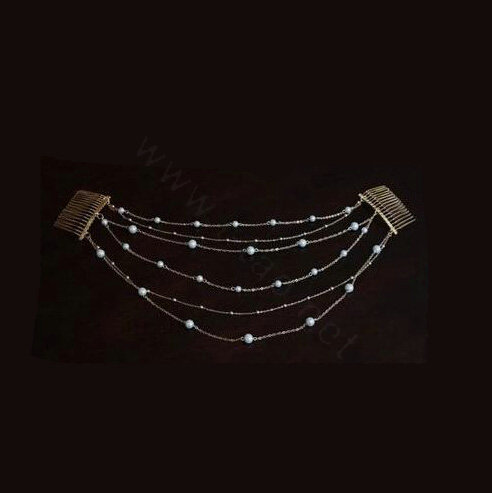 Fashion Woman Silver Alloy Pearl Copper Beads Multilayer Tassel Chain Headband Hair Comb Accessories