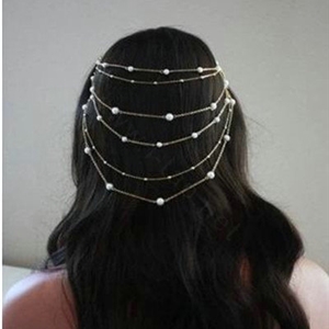 Fashion Woman Silver Alloy Pearl Copper Beads Multilayer Tassel Chain Headband Hair Comb Accessories