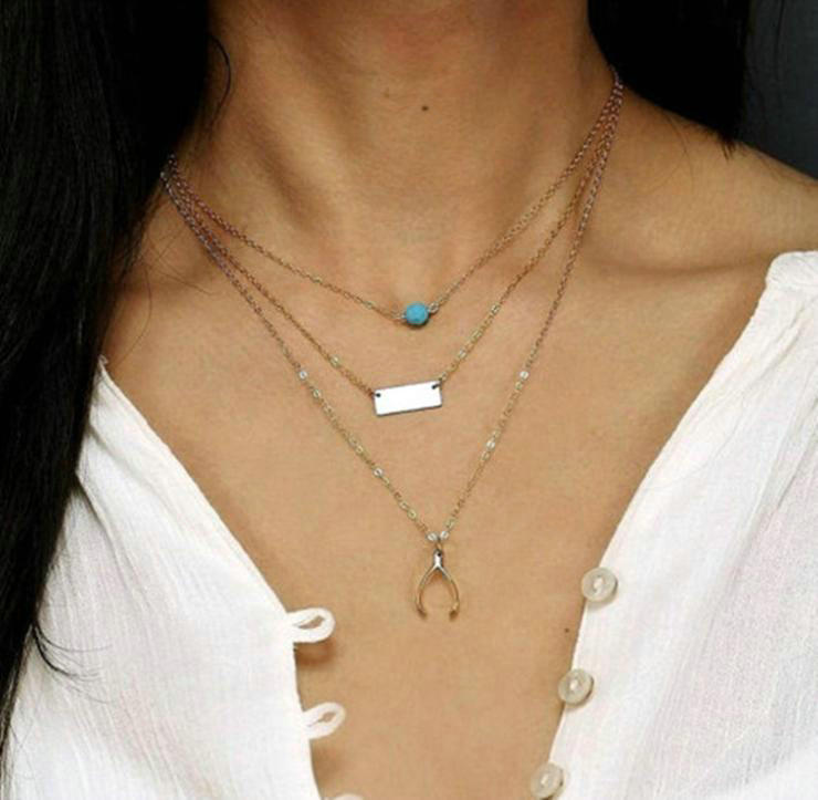 Fashion Women Gold-plated Multi layer Turquoise Wish bone Metal Sequins Necklace Clavicle Chain