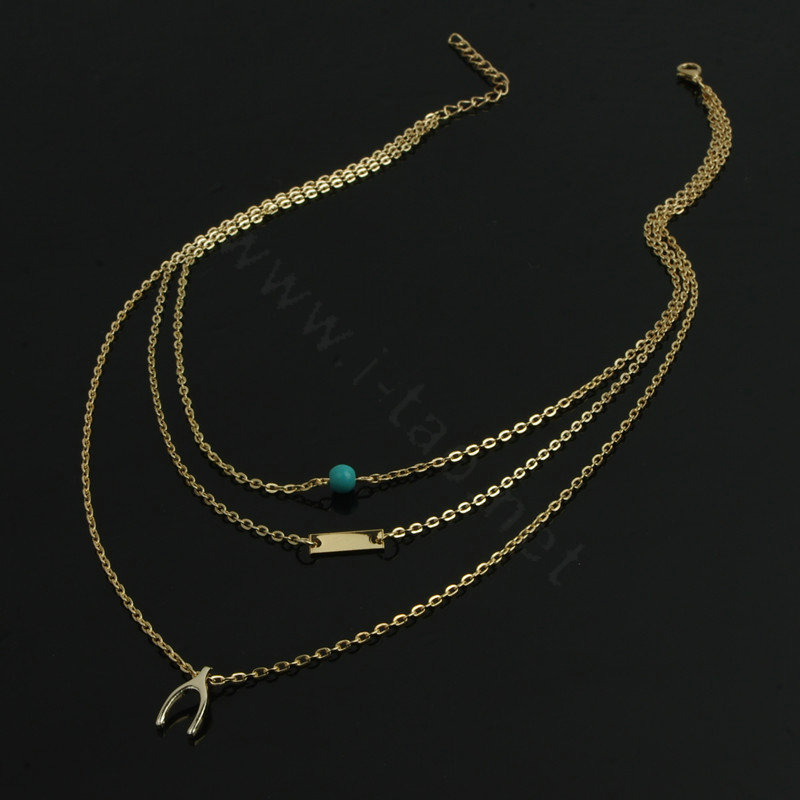 Fashion Women Gold-plated Multi layer Turquoise Wish bone Metal Sequins Necklace Clavicle Chain
