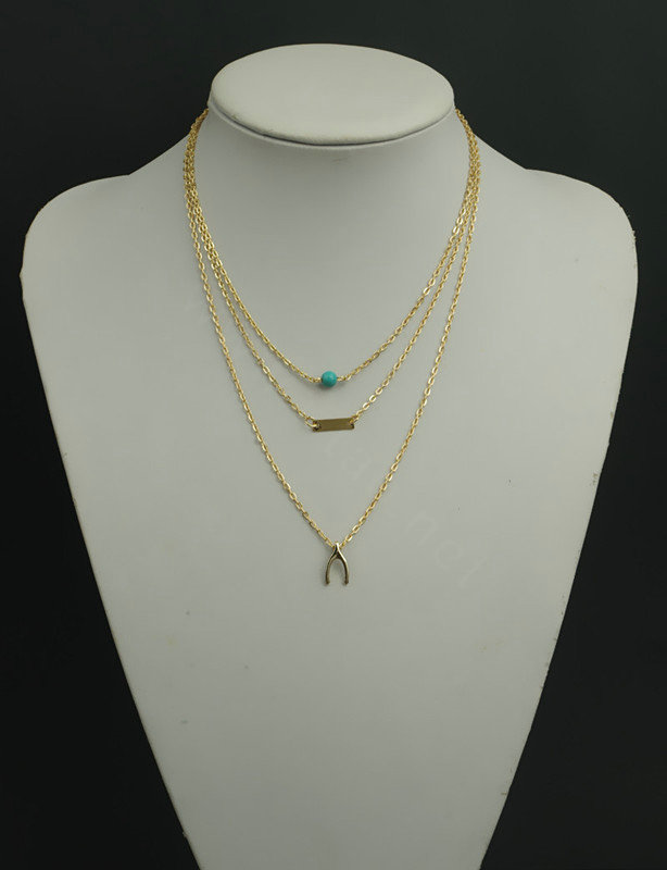 Fashion Women Gold-plated Multi layer Turquoise Wish bone Metal Sequins Necklace Clavicle Chain