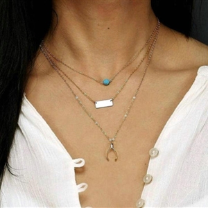 Fashion Women Gold-plated Multi layer Turquoise Wish bone Metal Sequins Necklace Clavicle Chain