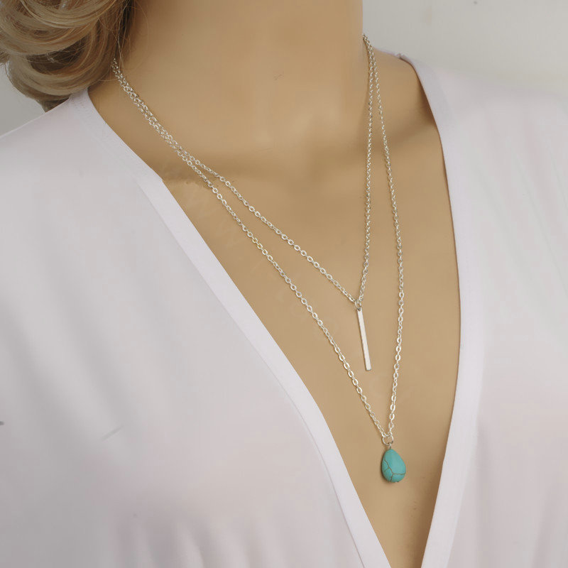 Fashion Women Long Double layer Gold-plated Drops of Turquoise Metal Bar Necklace Clavicle Chain