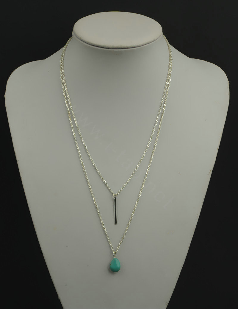 Fashion Women Long Double layer Gold-plated Drops of Turquoise Metal Bar Necklace Clavicle Chain