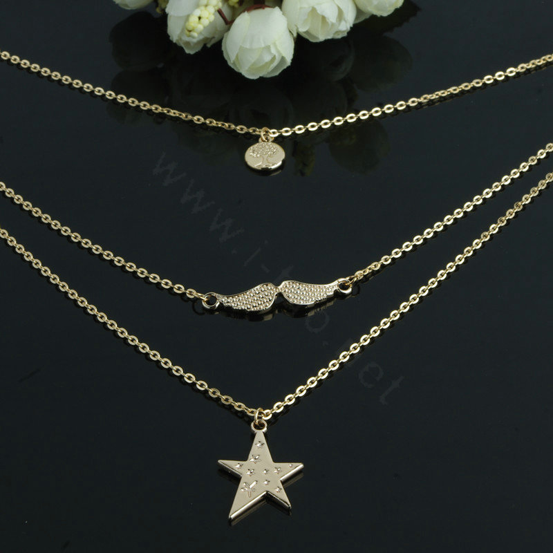 Fashion Women Multi layer Gold-plated Stars Angel Wings Metal Necklace Clavicle Chain