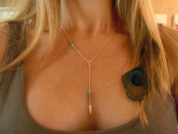 Fashion Women Retro Bohemia Beaded Turquoise Metal Feather Tassel Gold-plated Necklace Clavicle Chain