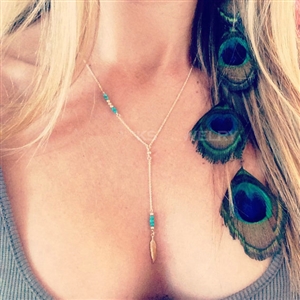 Fashion Women Retro Bohemia Beaded Turquoise Metal Feather Tassel Gold-plated Necklace Clavicle Chain