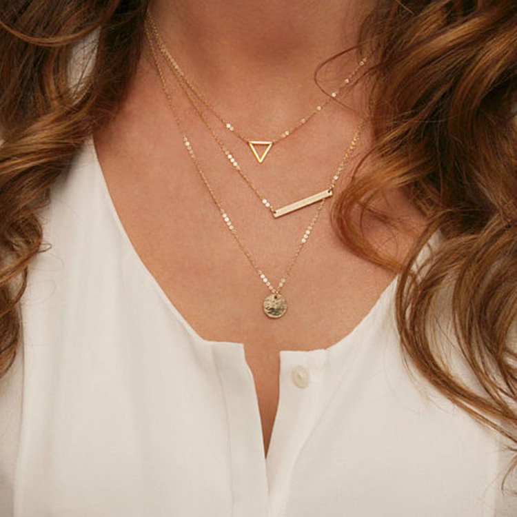 Fashion Women Retro Multi layer Hollow Triangle Metal Sequins Gold-plated Necklace Clavicle Chain