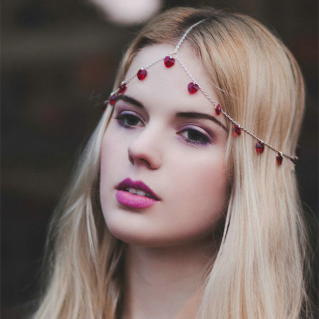 Fashionable Woman Gold Plated Red Peach heart Pendant Tassel Hair Headband Accessories