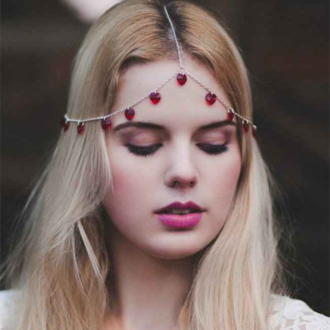 Fashionable Woman Gold Plated Red Peach heart Pendant Tassel Hair Headband Accessories