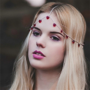 Fashionable Woman Gold Plated Red Peach heart Pendant Tassel Hair Headband Accessories