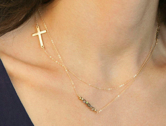 High quality Fashion Women Gold-plated Double layer Metal Cross Crystal Beads Necklace Clavicle Chain